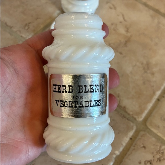 Vintage Milk Glass Spice Jars with Silver Labels, Set of 11. - Picture 4 of 9